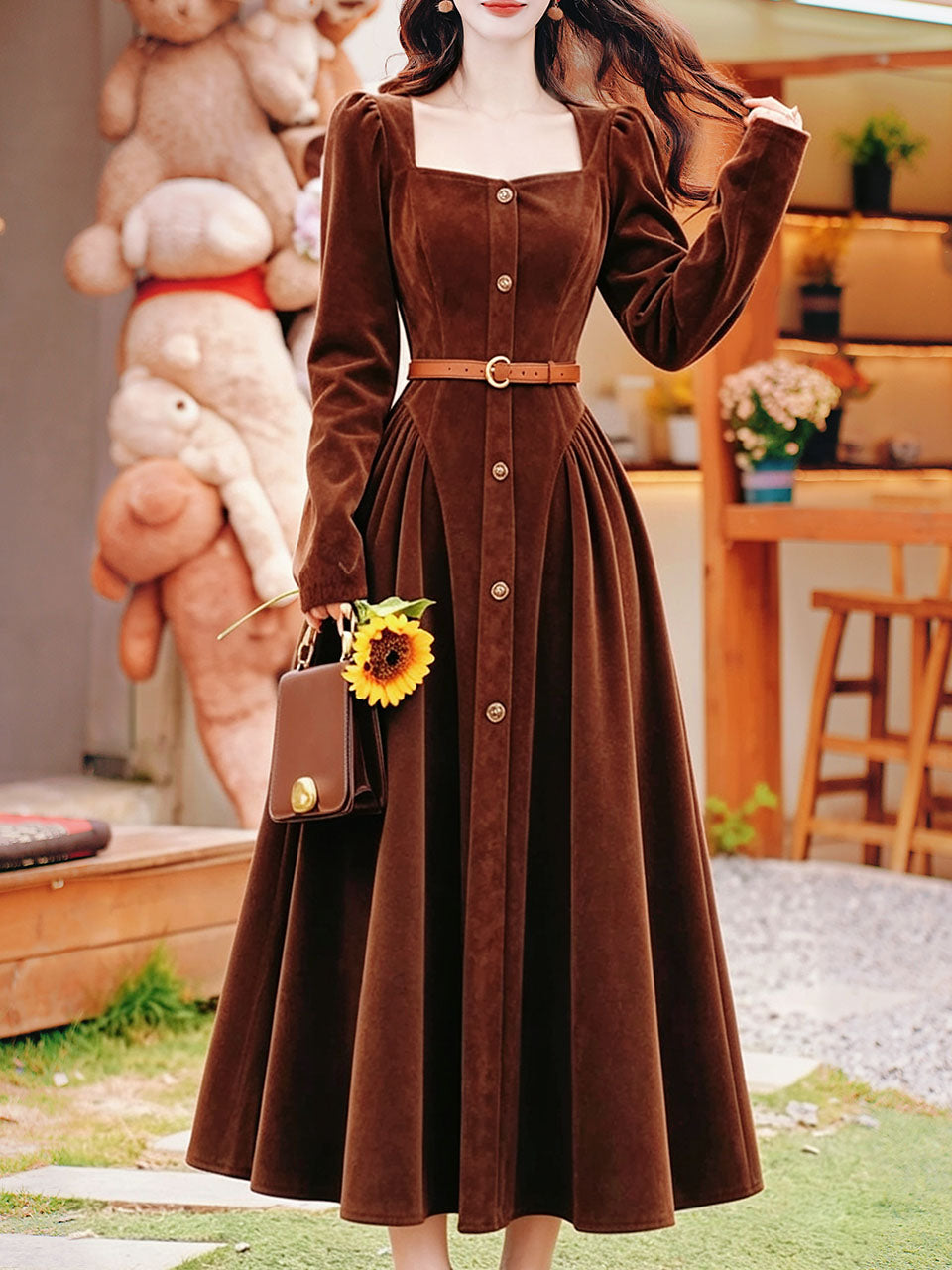 Vintage Brown Velvet Square Neck Puff Sleeve Button-Down Midi Dress