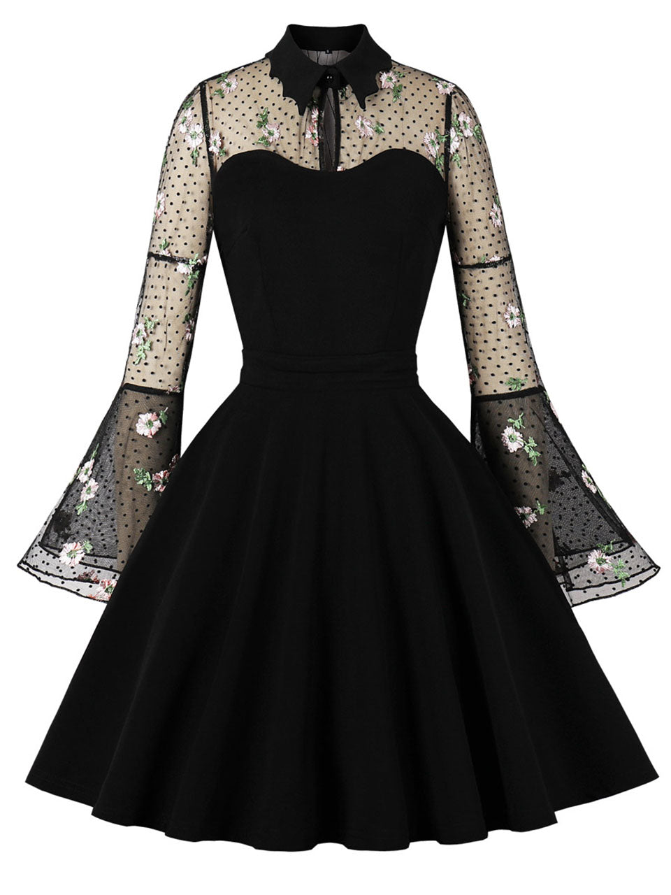Dark Green Turn Down Flower Embroidered Semi-Sheer 1950S Vintage Dress