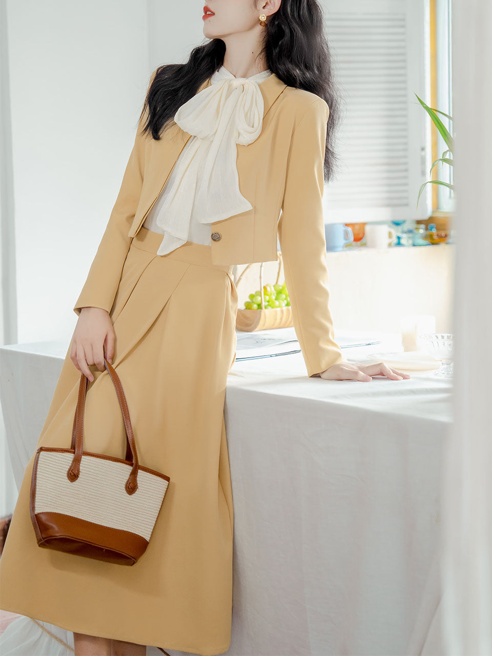 3PS Bowknot Collar Shirt and Yellow 1950S Vintage Coat