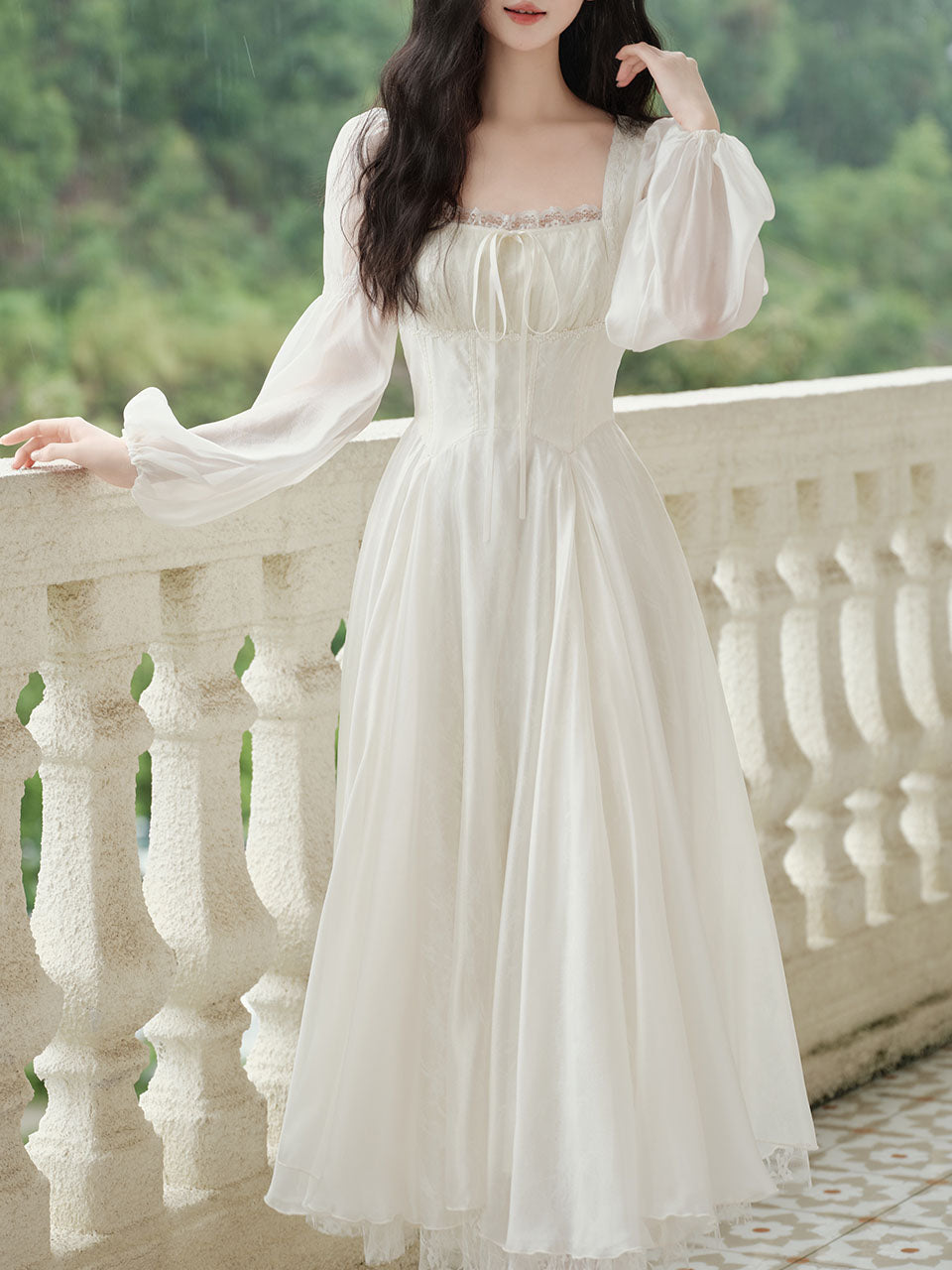 White Lace Square Collar Long Sleeve 1950S Vintage Swing Dress