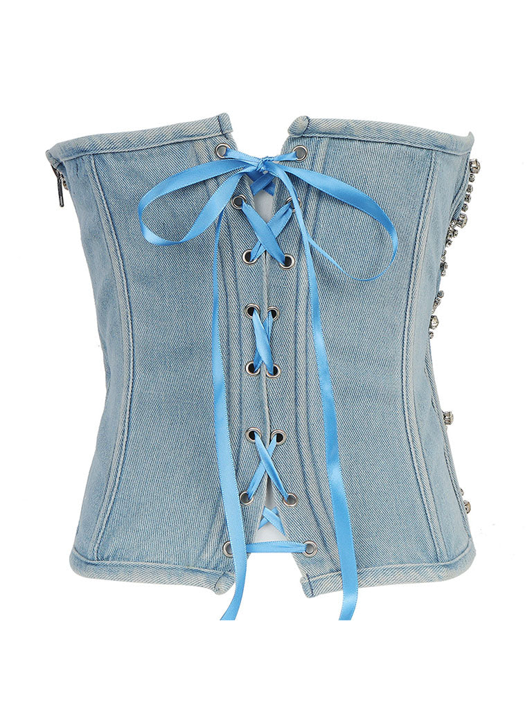Denim Handmade Rhinestones Corset Camisole Top