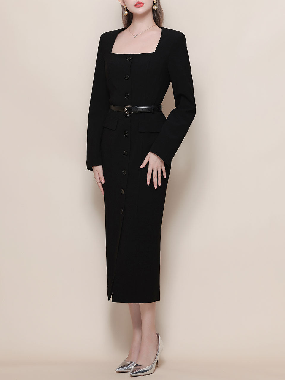 Black Square Collar Long Sleeve Bodycon 1960S Dress