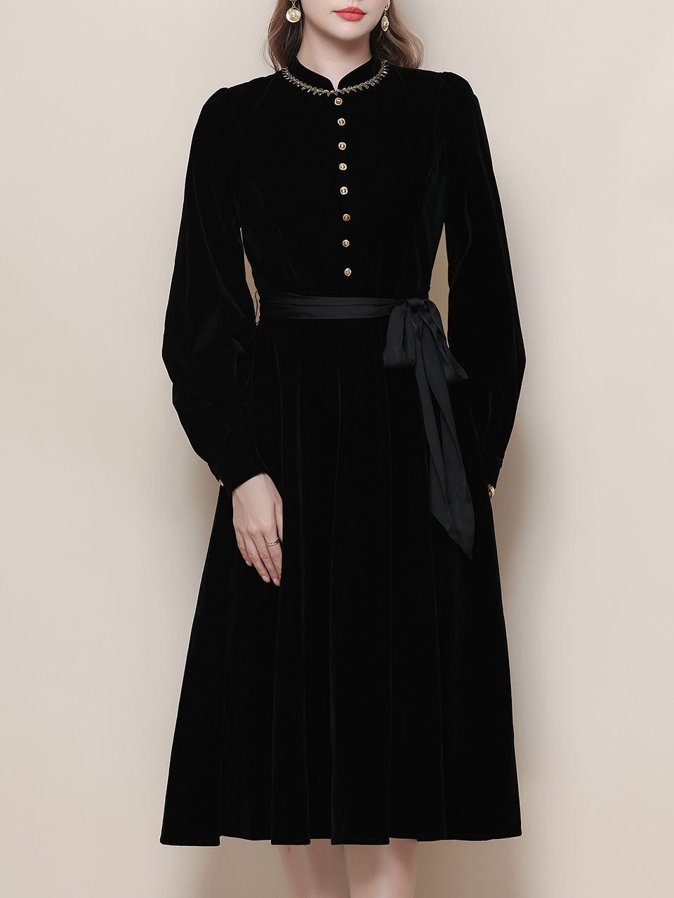 Black Mandarin Collar Velvet Retro Dress