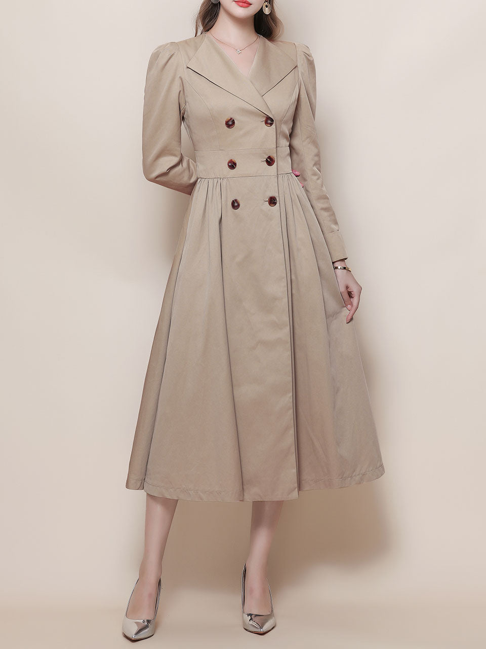 Khaki Vintage Style Double Breasted Trench Dress Coat