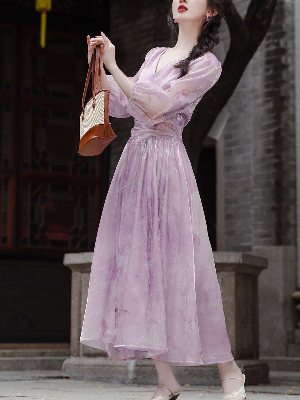 2PS Purple V-neck Organza Flowing Swing Dress
