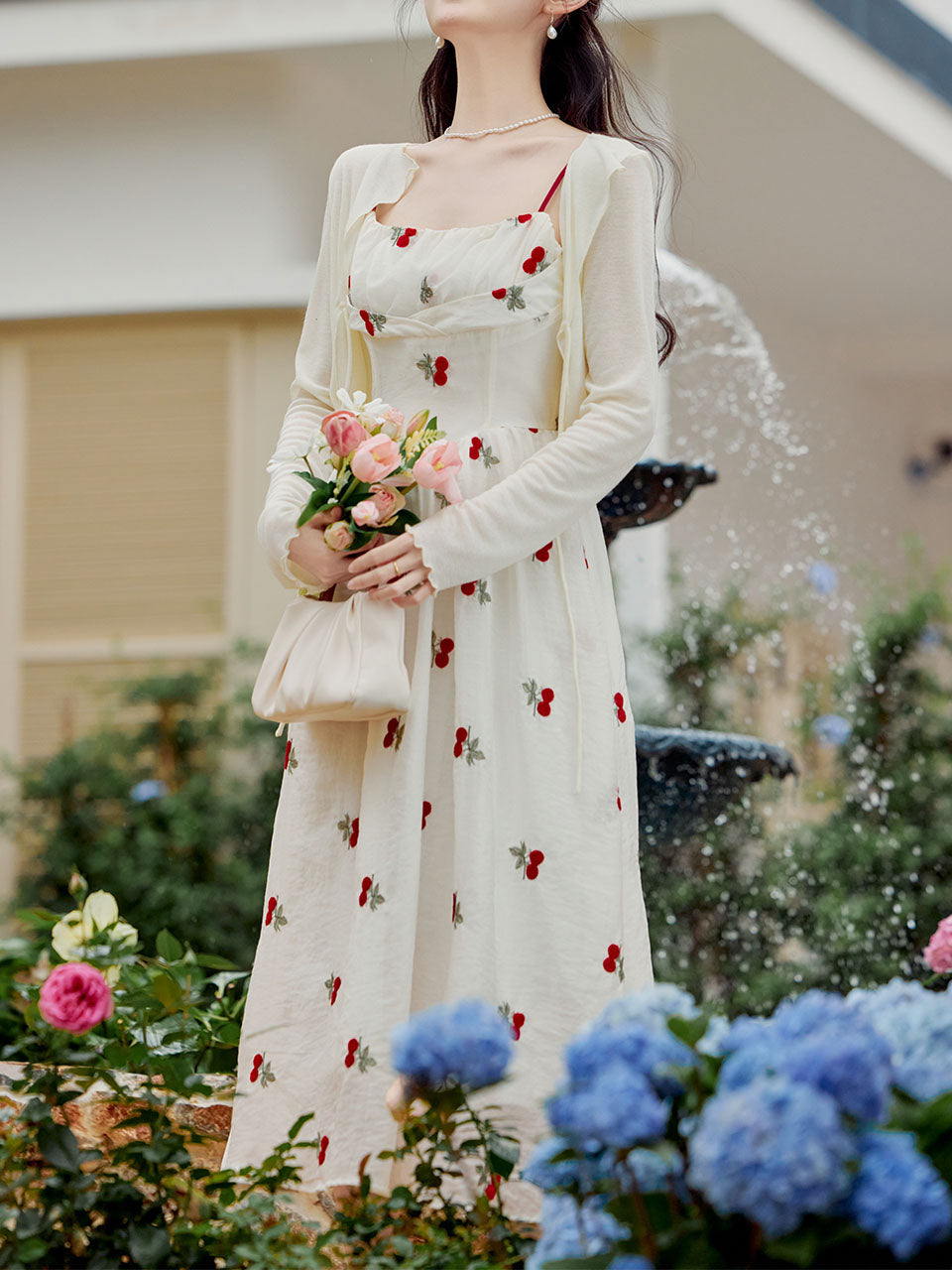 2PS White Cherry Print Spaghetti Strap Dress