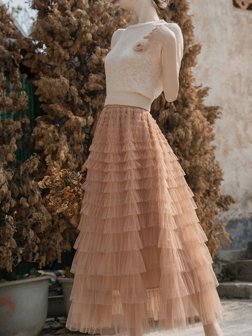 2PS Brown Backless Knitted Sweater And Swing Mesh Fairy Skirt Dress Set