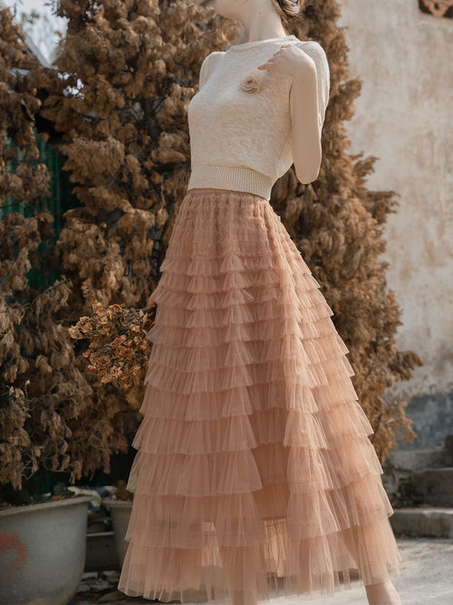 2PS Brown Backless Knitted Sweater And Swing Mesh Fairy Skirt Dress Set