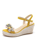 Open Toe Bow Wedge Heel Rhinestones Sandals Leather Vintage Shoes
