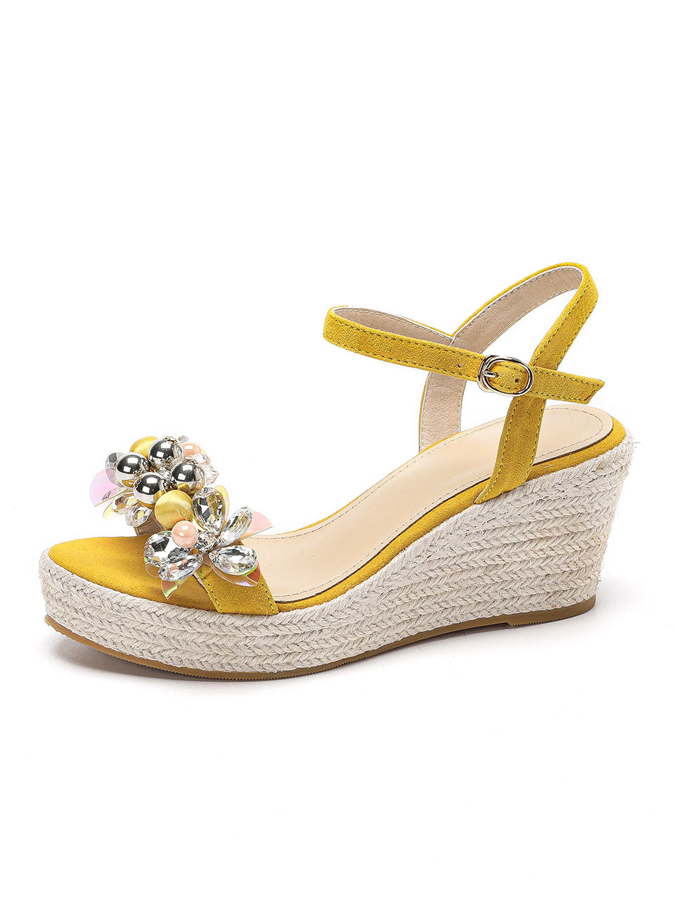 Open Toe Bow Wedge Heel Rhinestones Sandals Leather Vintage Shoes