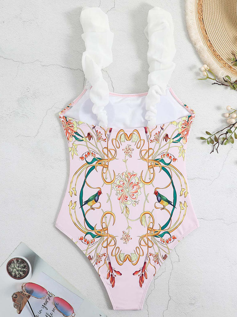 Pink Floral Print Flower Strap One Piece