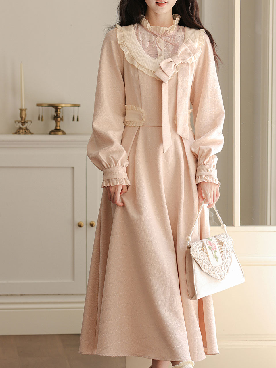 Vintage Pink Bow Long Sleeve Swing Dress