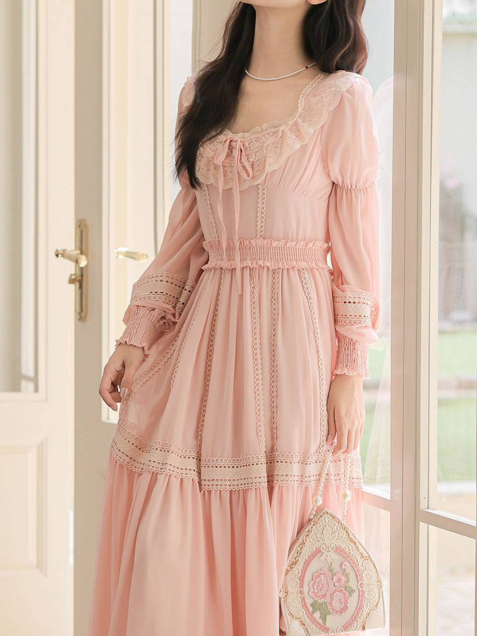 Pink Lace Long Sleeve Victorian Square Neck Vintage Dress