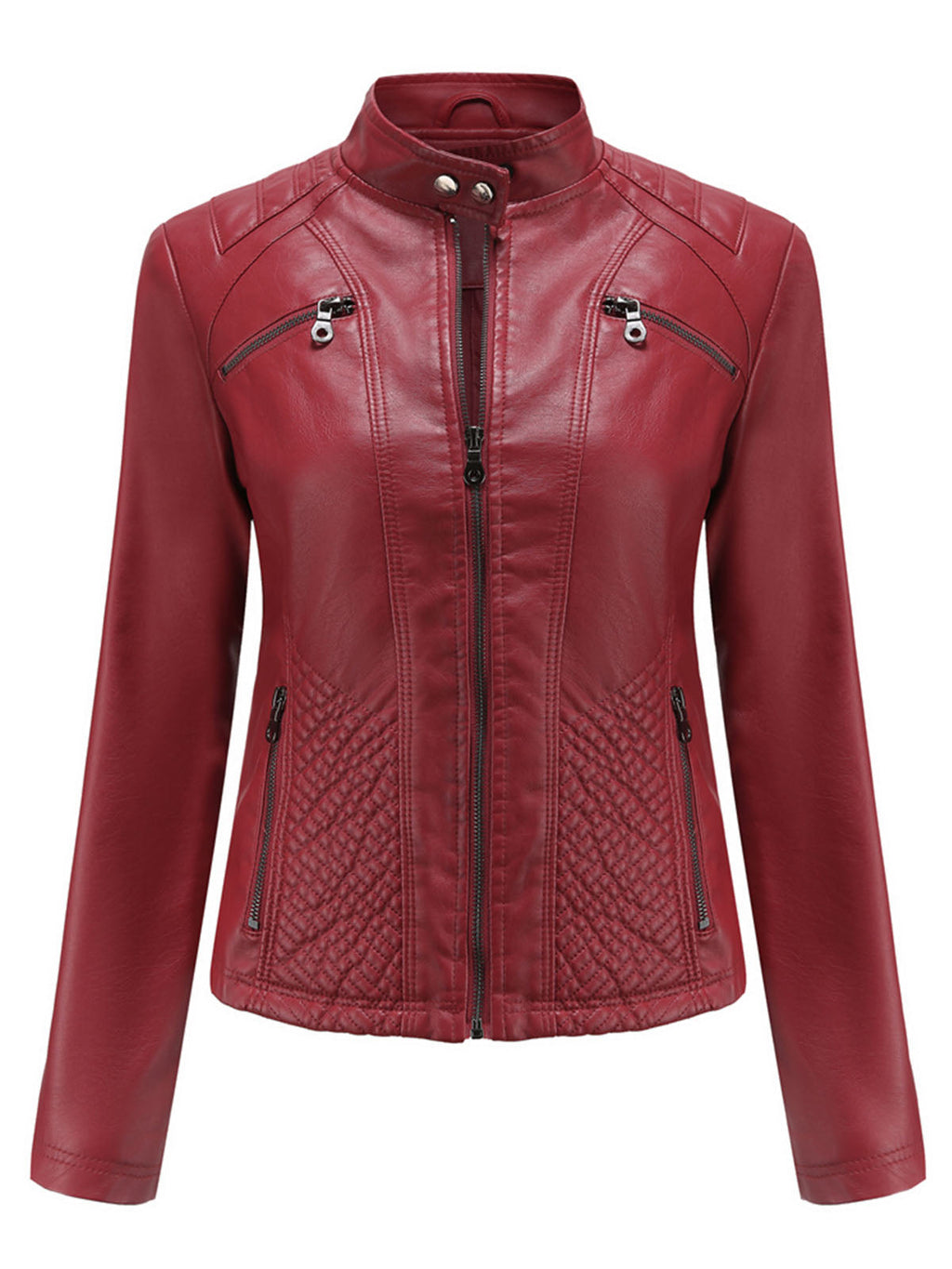 Pink Long Sleeve PU Leather Motorcycle Jacket For Women