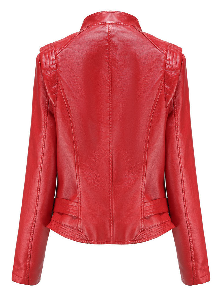 Navy Long Sleeve PU Leather Motorcycle Jacket