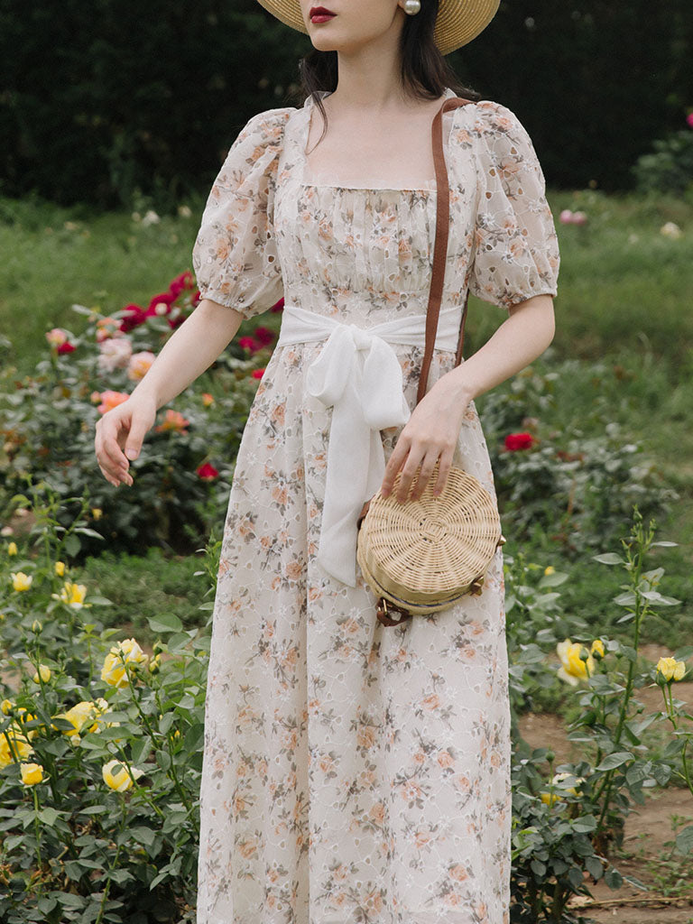 Floral Embroidered Lace Puffed Sleeve Chiffion Vintage Dress