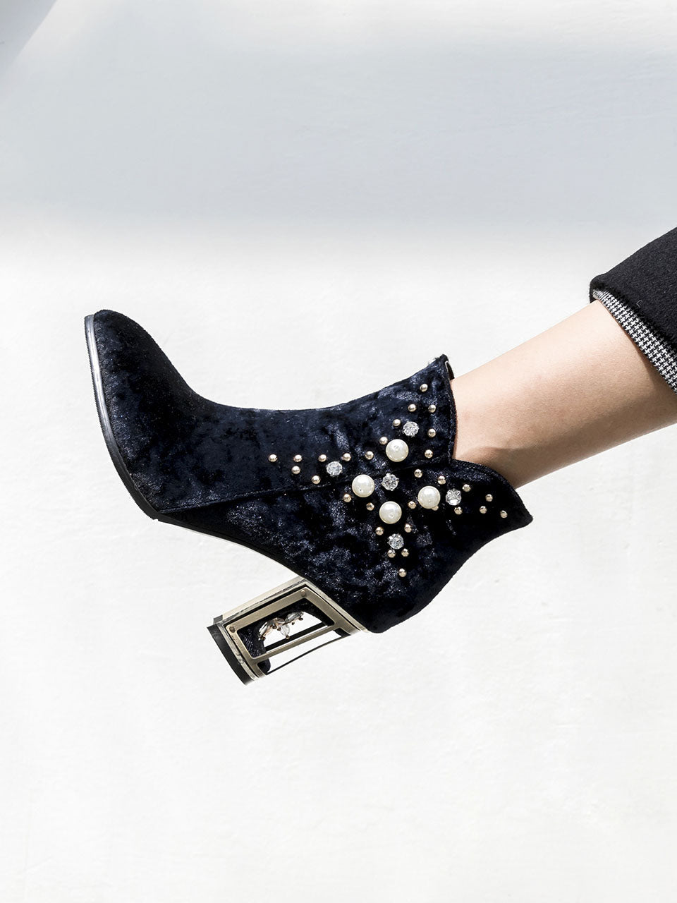 7CM Luxury Pearls And Diamonds Chunky High Heel Bootie Vintage Shoes