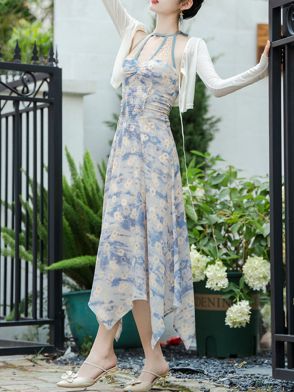 2PS Blue Daisy Floral Print Halter Neck Dress