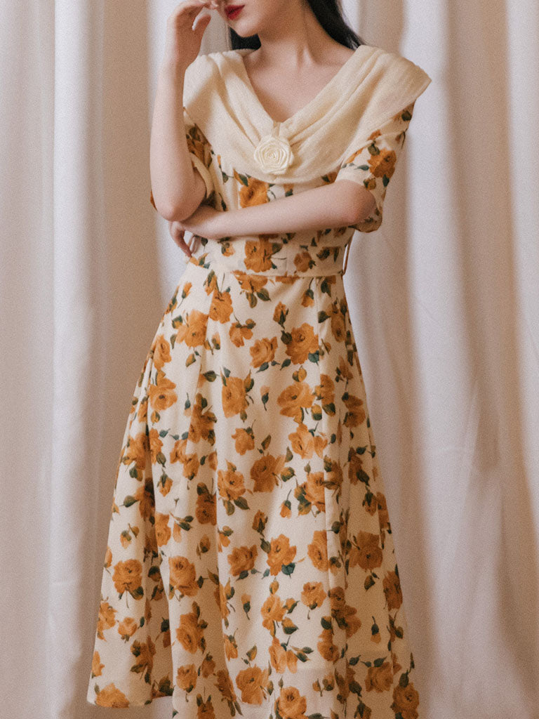 Orange Rose Print Off Shoulder Short Sleeves 50S Chiffon Dress