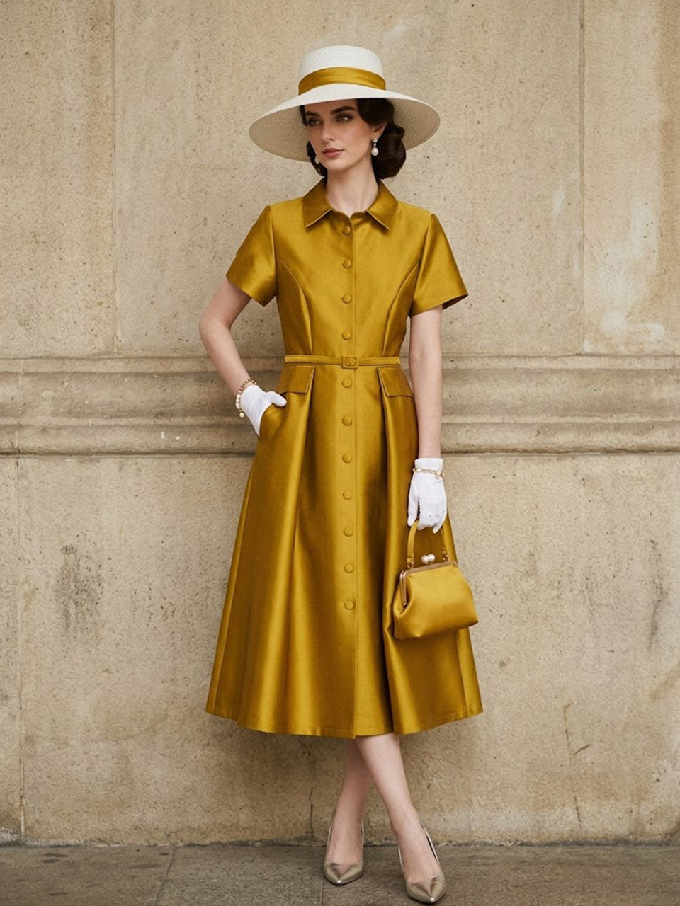 1940S Classic Shirt Collar Vintage Short Sleeve Stain Dress