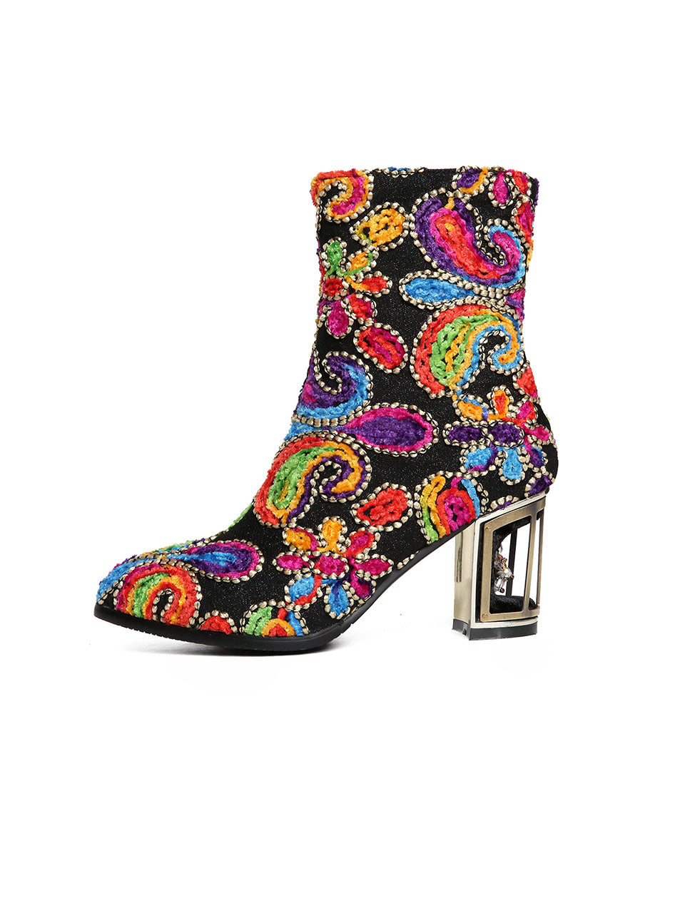 7CM Luxury Embroidered Chunky High Heel Platform Bootie Vintage Shoes