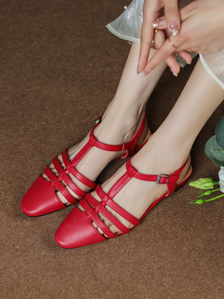 Flats Sandals Round Toe Hollow Belt Leather Vintage Shoes