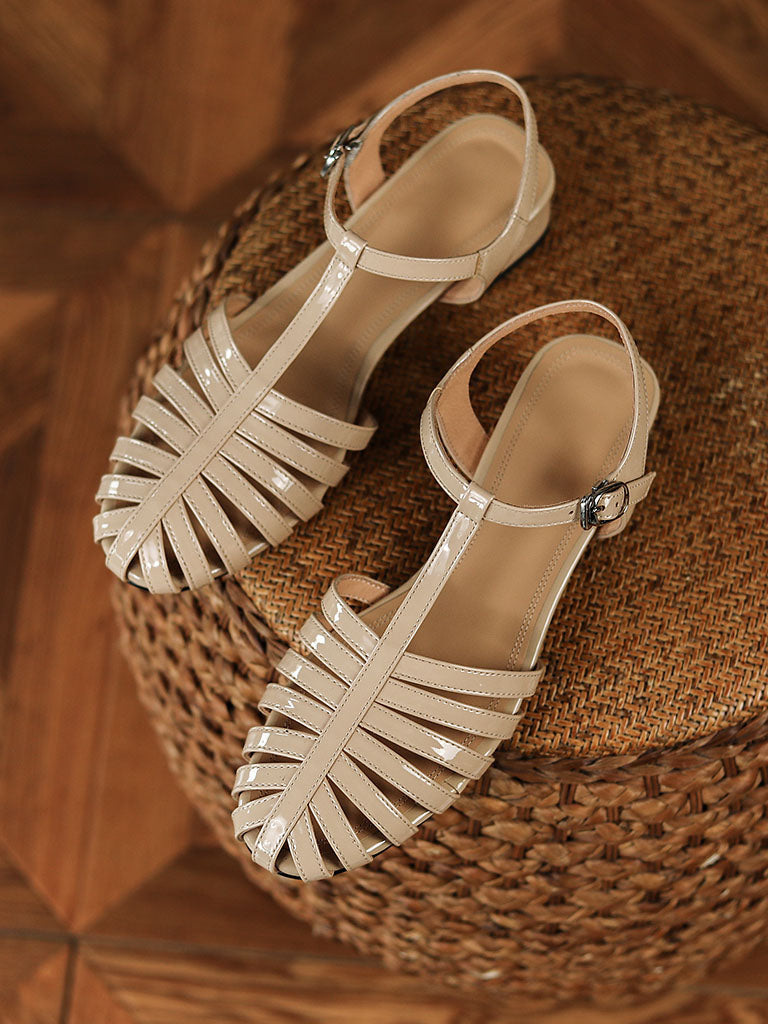 Flats Sandals Pointed Toe Hollow Belt Leather Vintage Shoes