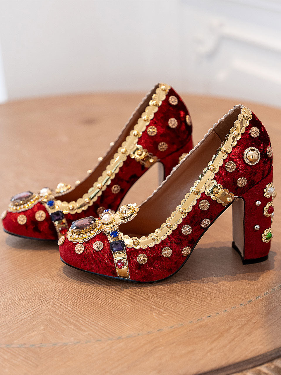 10CM Luxury Pearls And Diamonds Chunky Heels Retro Shoes