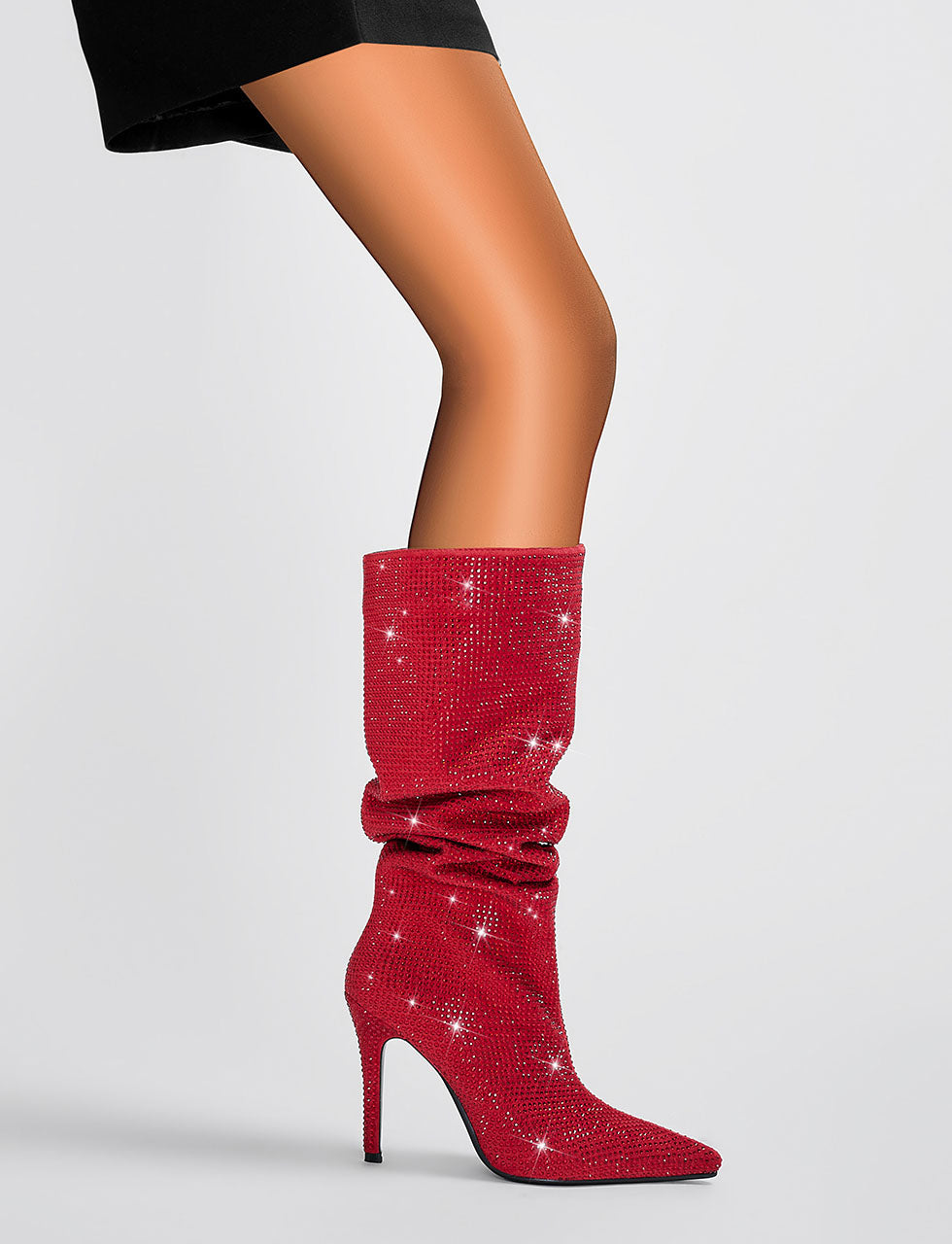 Red High Heel Pointed Toes Luxury Bling Rhinestone Boots Shoes