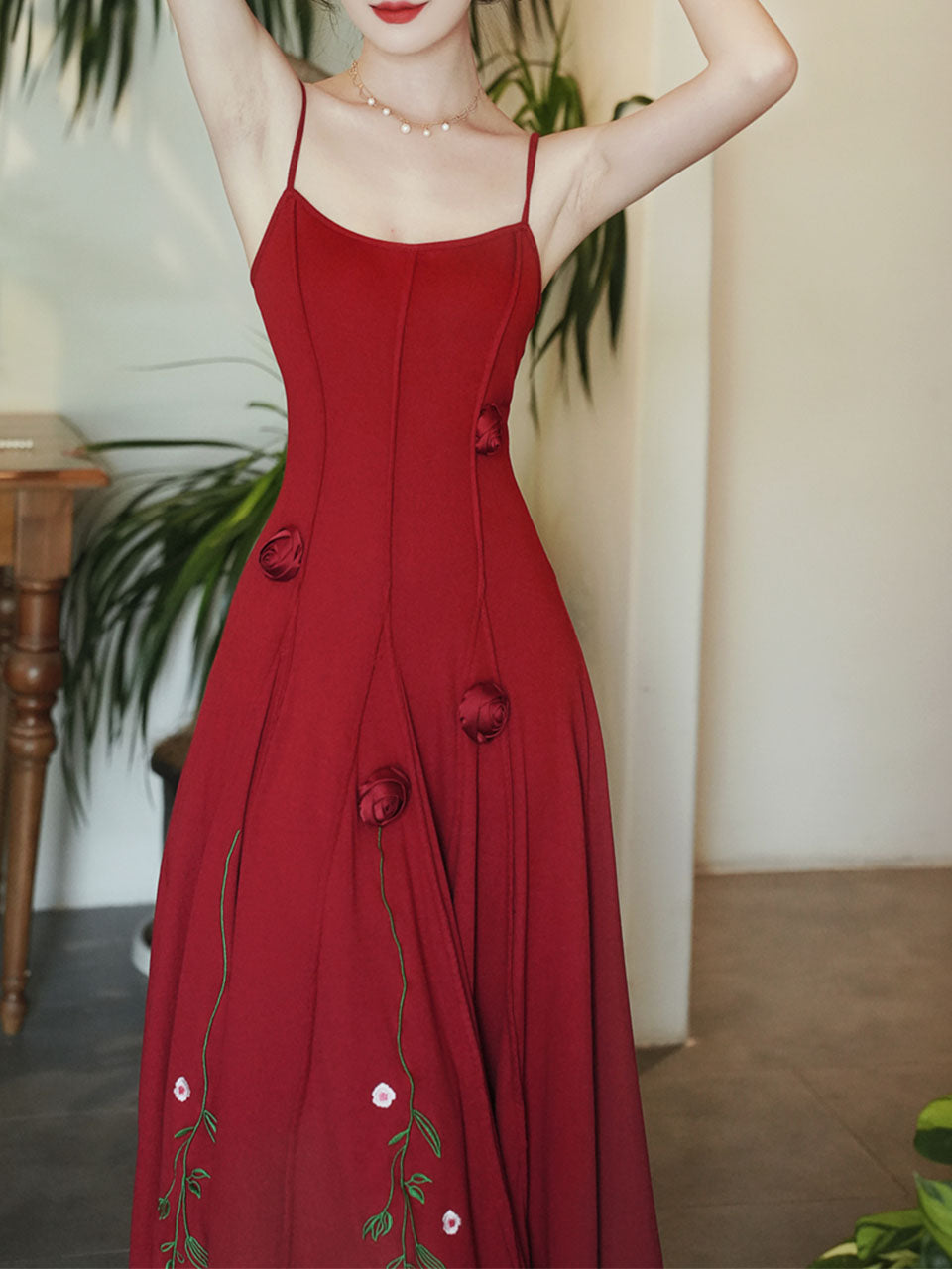 Red Rose Handmade Flower Spaghetti Strap Swing Engagement Party Dress