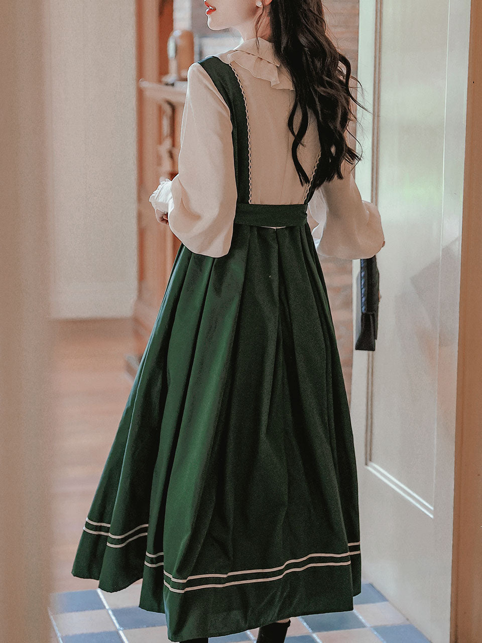 Dark Green Long Lantern Sleeves Edwardian Ruffle Dress