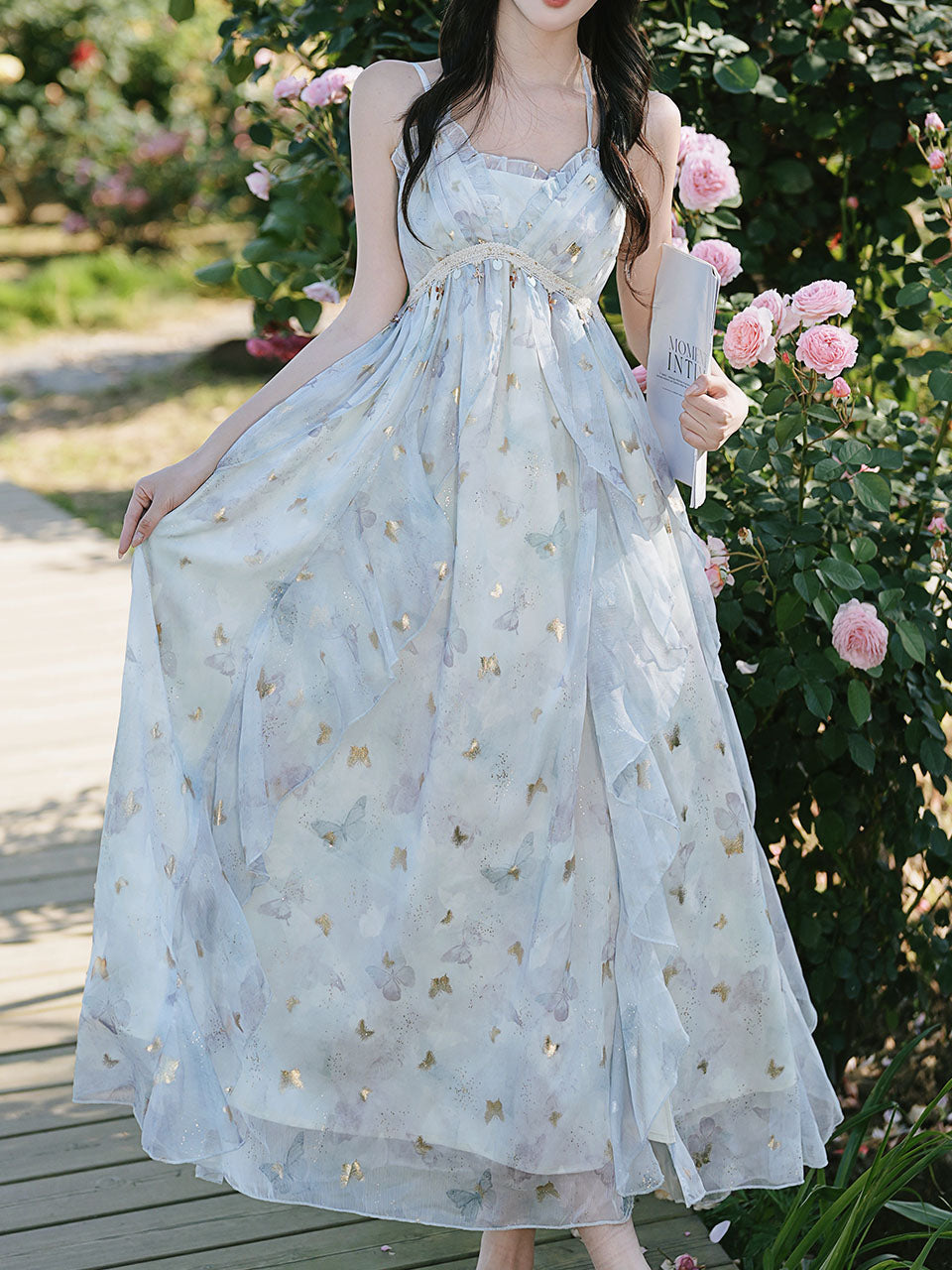 Fairycore Butterfly Maxi Dress Glitter Ruffle Halter Prom Gown
