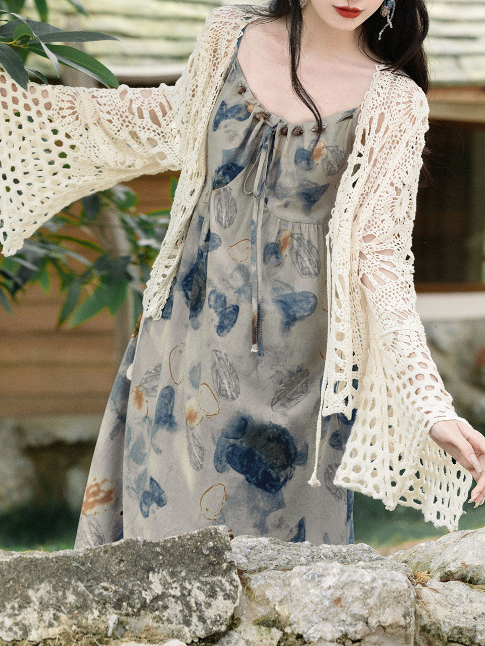 2PS Blue Spaghetti Strap Tropical Pattern Holiday  Dress