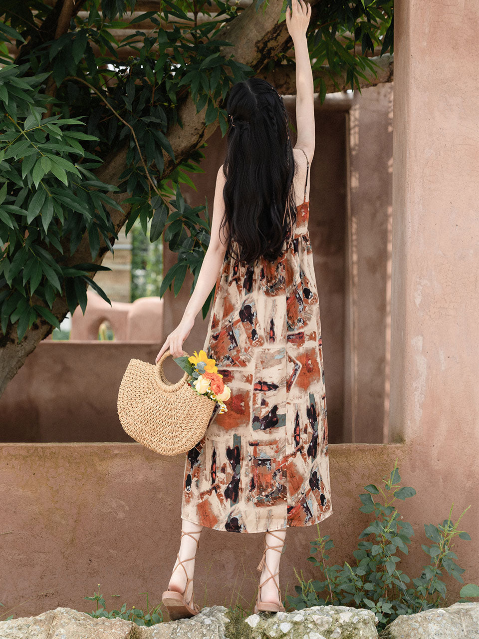 2PS Brown Spaghetti Strap Tropical Pattern Holiday  Dress