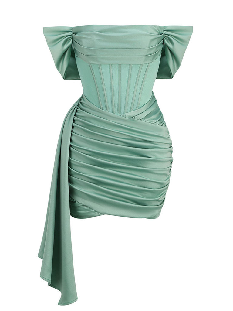 Light Green Off The Shoulder Corset Satin Gown Party Dress