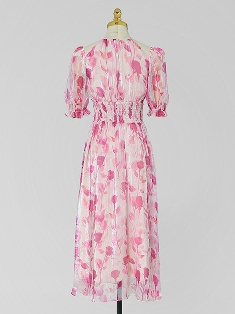 Pink Floral Print Ruffles 1950S Chiffon Vintage Dress