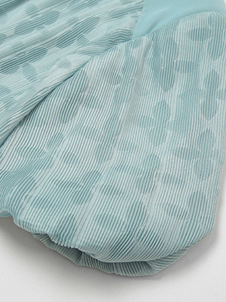 Green Crew Neck Toothpick Pleated Jacquard Fabric Puff Sleeve Vintage Dress