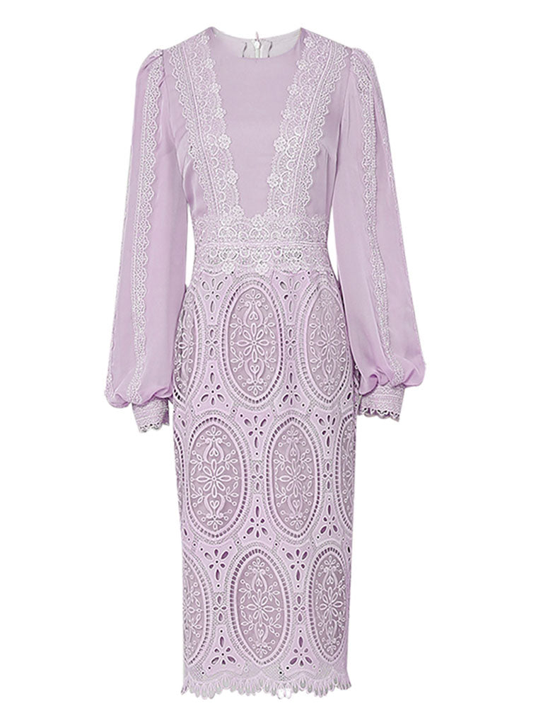 Lilac Lantern Sleeve Embroidered Lace Chiffon 1930S Dress