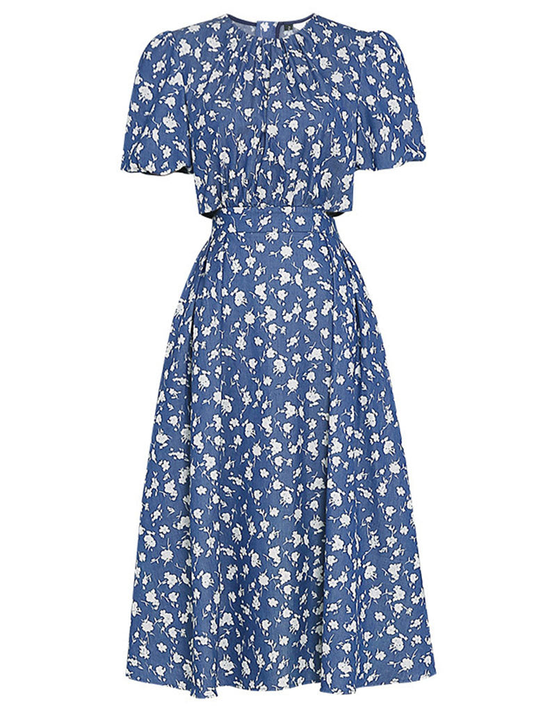 Lake Blue Floral Print Waist Cut Out Puff Sleeve Summer 1950S Dress