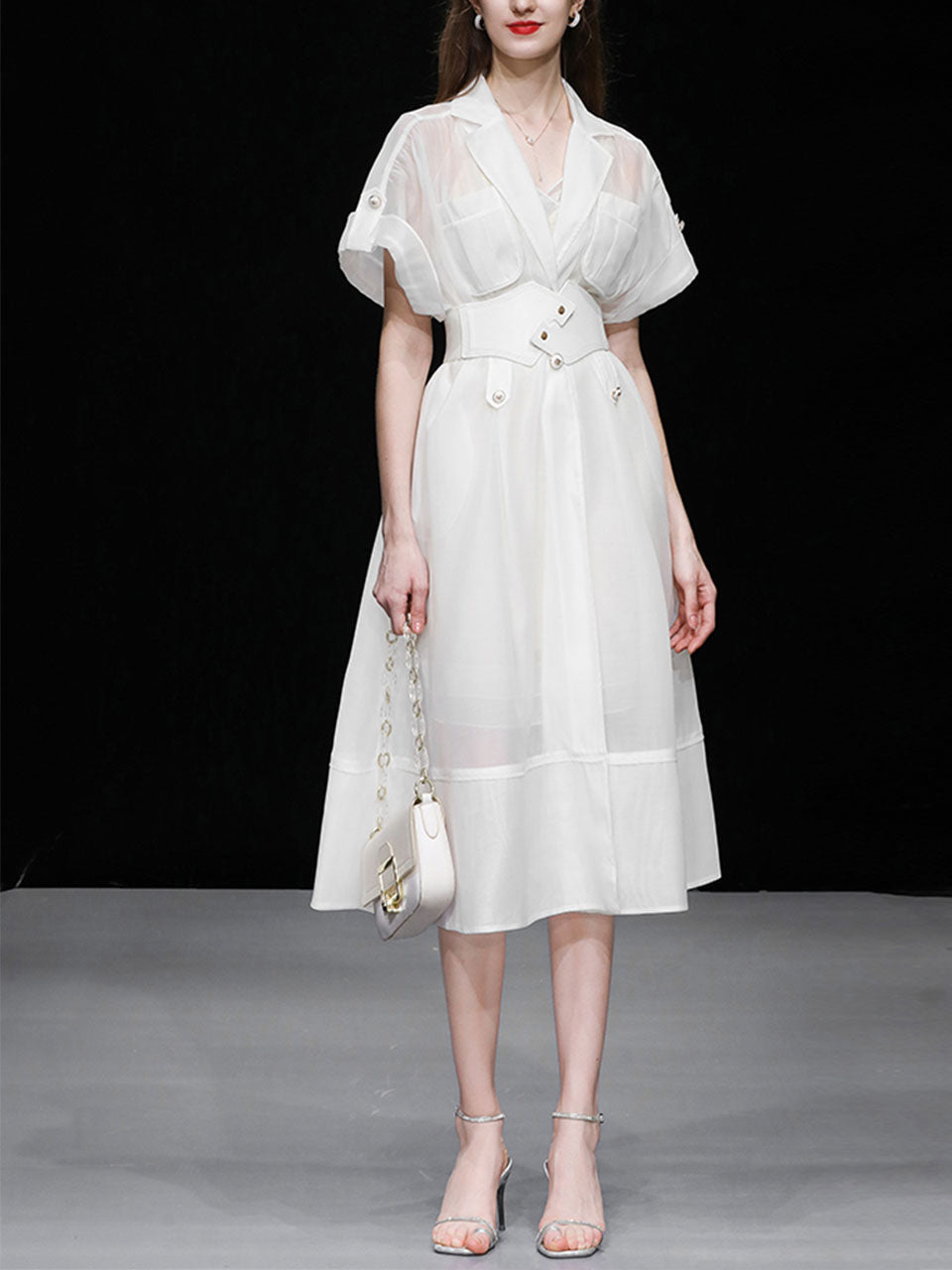 White Lapel Trench 1950S Vintage Organza Dress
