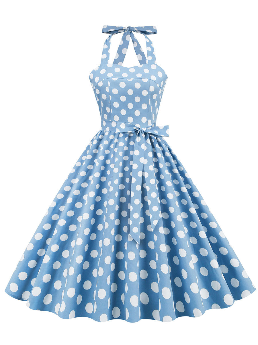 Blue And White Polka Dots Vintage Halter 1950S Dress