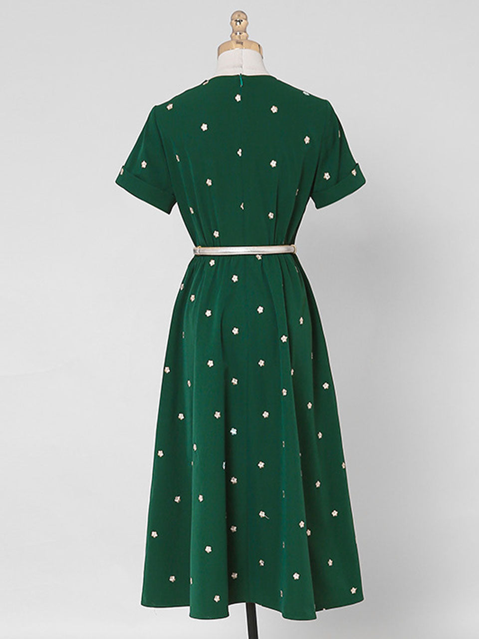 Dark Green Bow Collar Embroidered Flower 1950S Vintage Dress