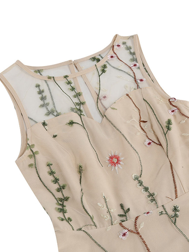 Wine Red Semi Mesh Flower Embroidered Sleeveless 50S Swing Dress