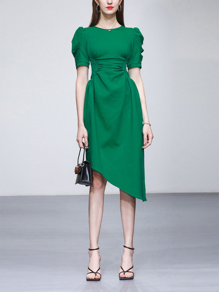 Emerald Green Crew Neck Irregular Hem 1960S Vintage Dress
