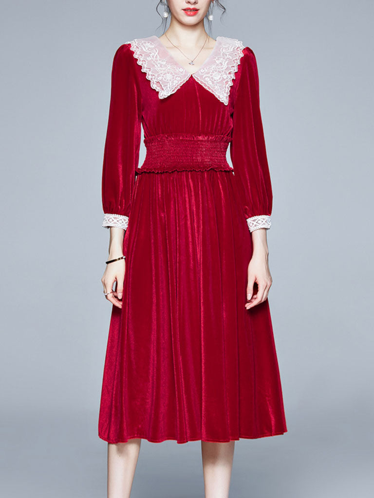 Vinatge Red Lace Long Sleeve Swing Velvet Dress