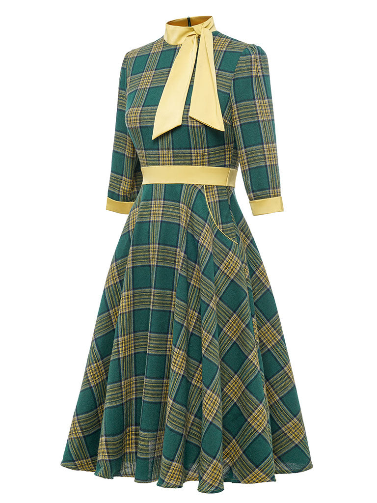 Green And Yellow Plaid 3/4 Sleeve 1950S Cotton Vintage Dress