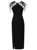 White Big Sweet Lace Collar Sleeveless Bodycon 1960S Black Slit Dress
