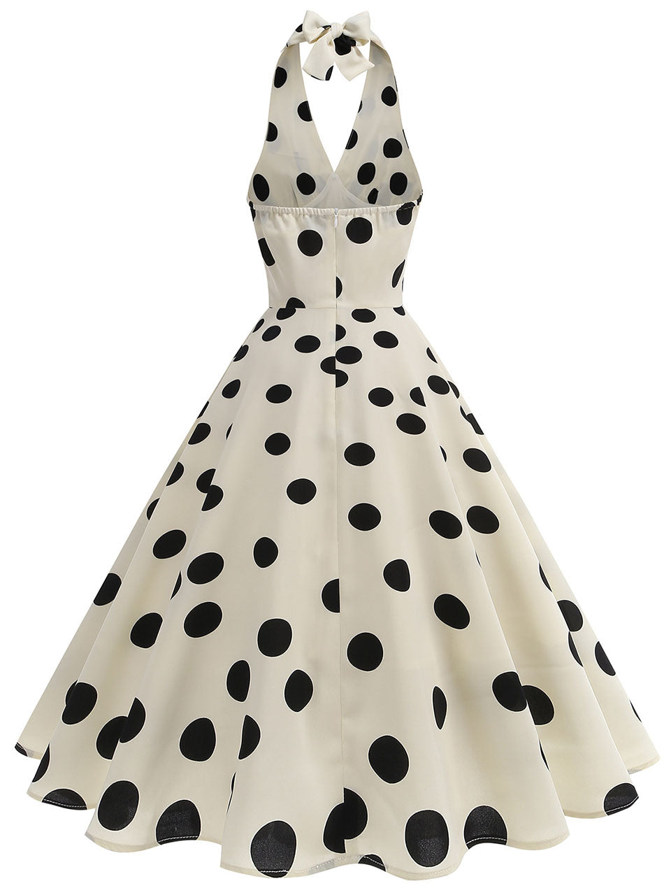 White and Black Polka Dots Halter Backless 1950S Vintage Swing Dress inspired by Cruella