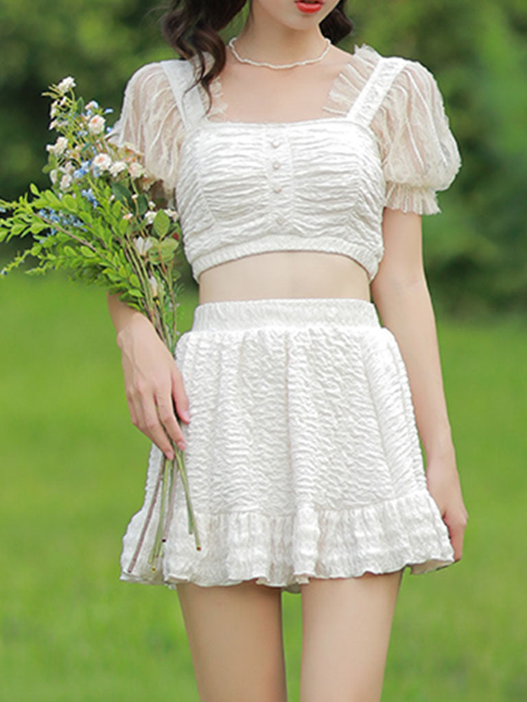2PS White Lace Fairy Vintage Two Piece Bikinis Swimwear Bathing Suit