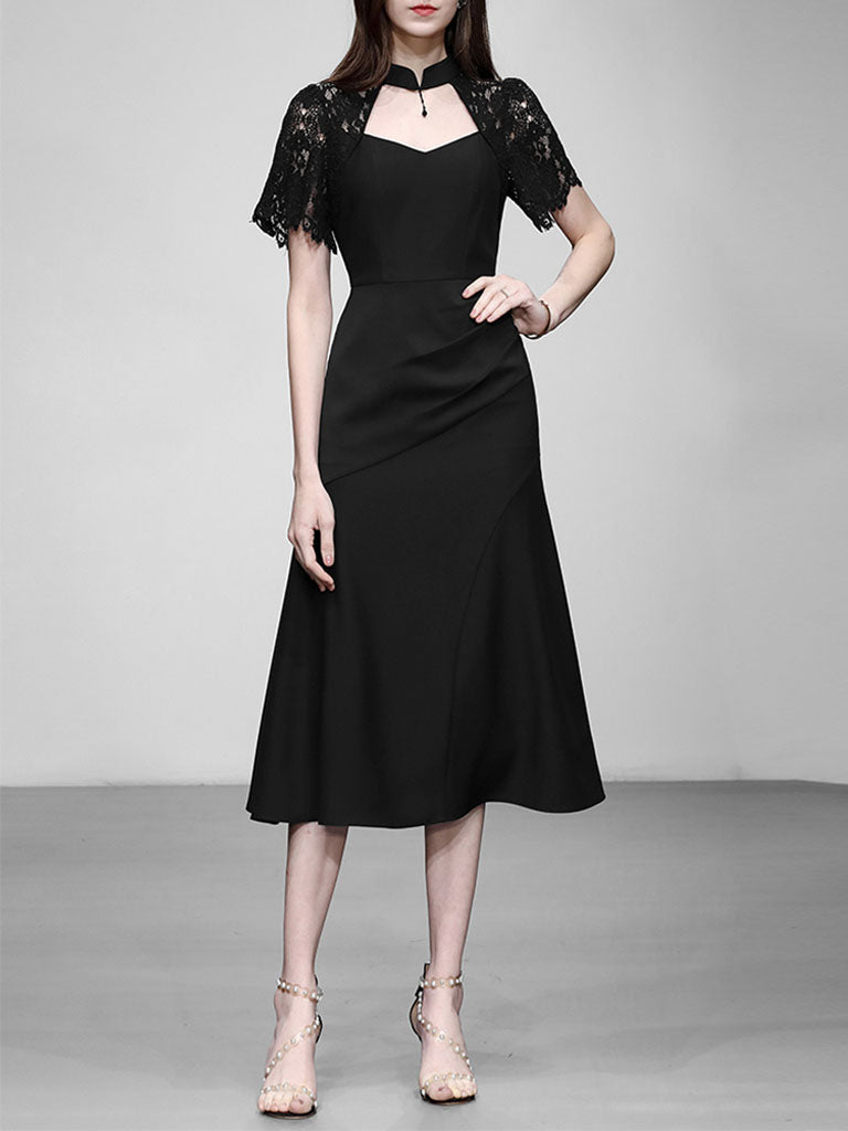 1950S Swing Queen Anne Lace Neckline Little Black Dress